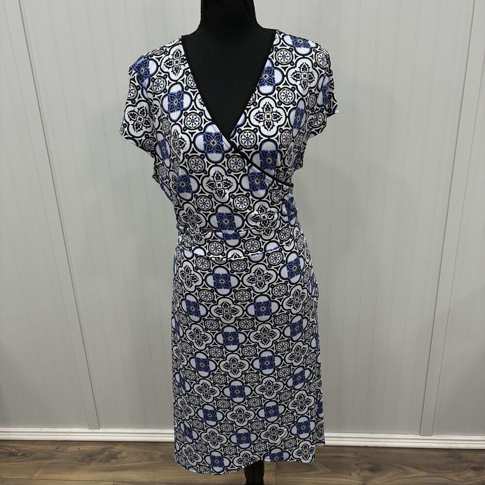 White House Black Market Womens XL Blue White Tile Print Faux Wrap Midi Dress